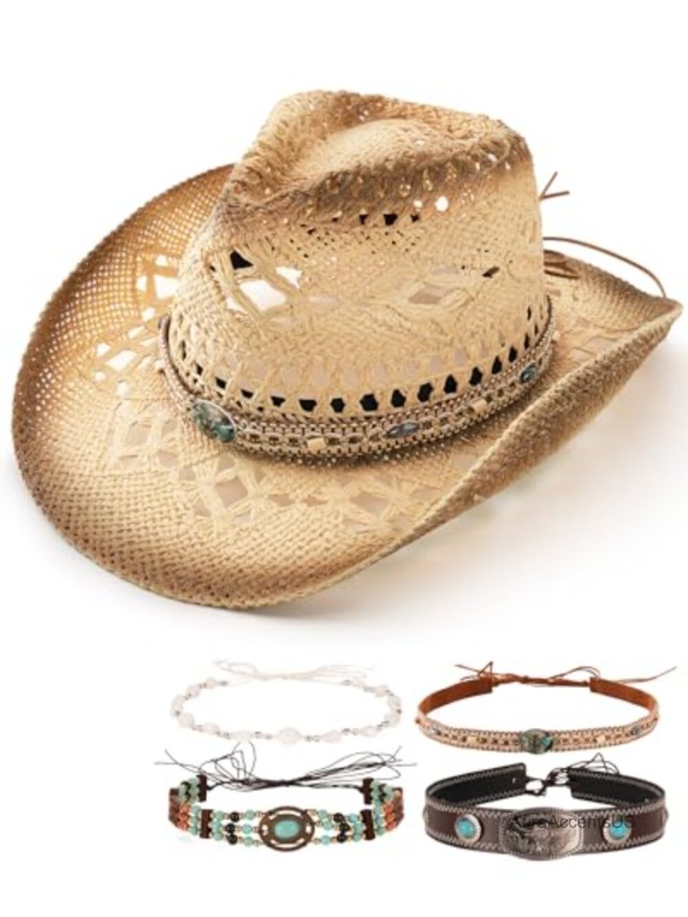 Paper Straw Cowboy Hat 4 Interchangeable Bands Adjustable Chin Strap